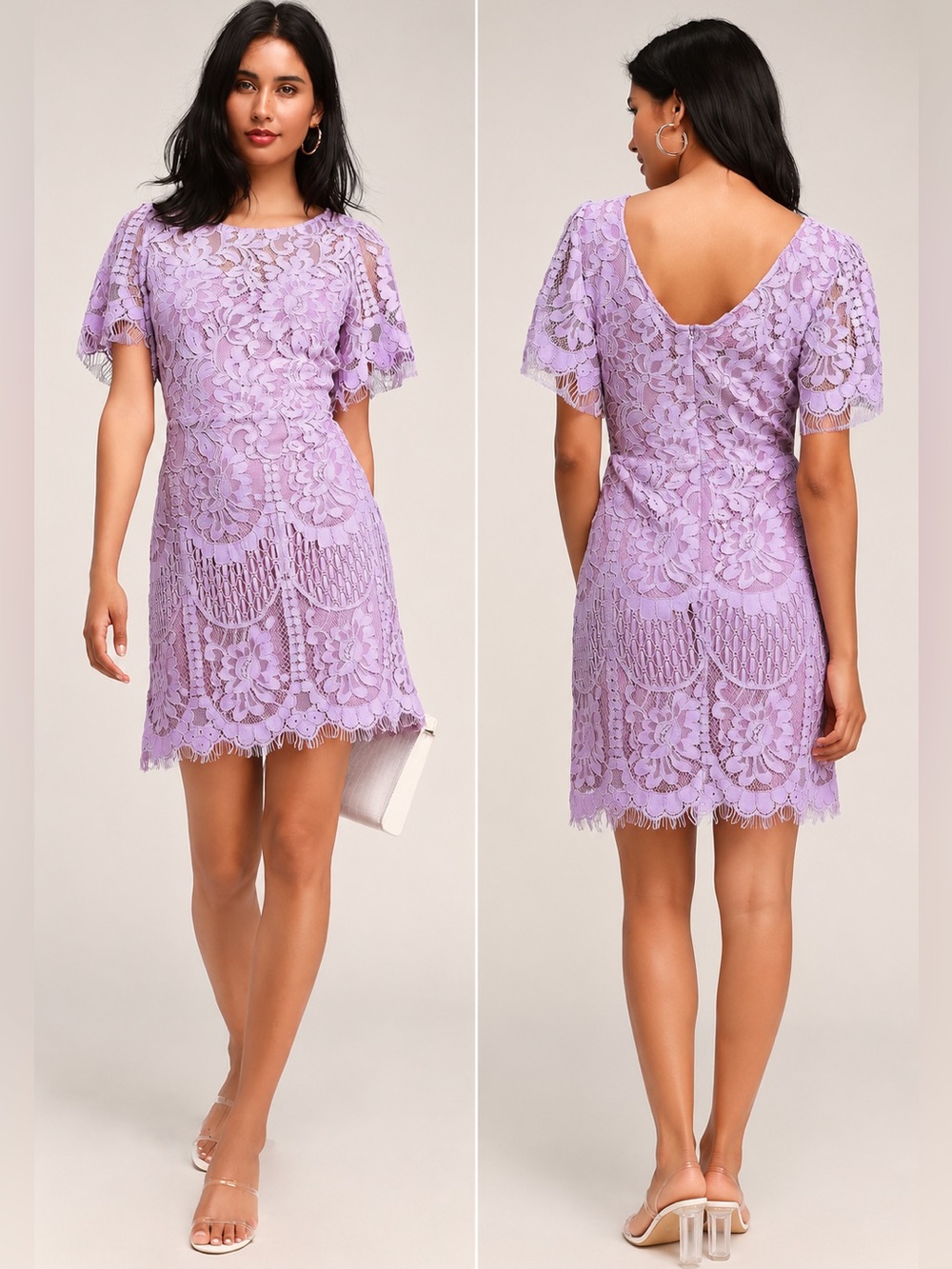 Lulus Lavender Floral Lace Mini Dress Short Sleeve Size S